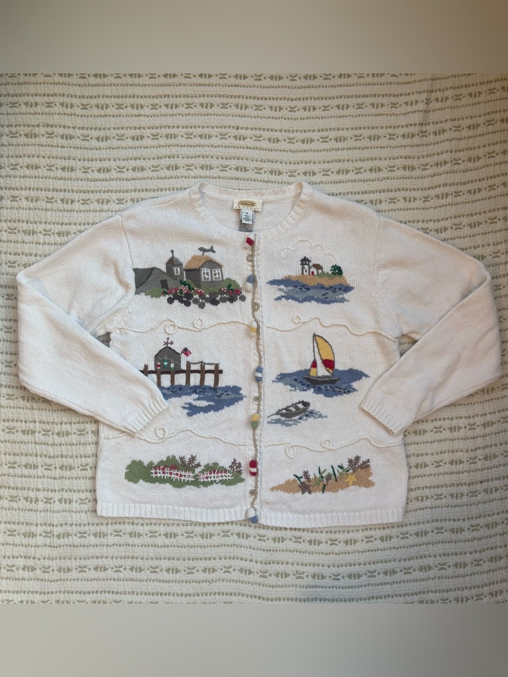 Vintage Talbots Petites White Knit Seaside Nautical Embroidered Button Cardigan